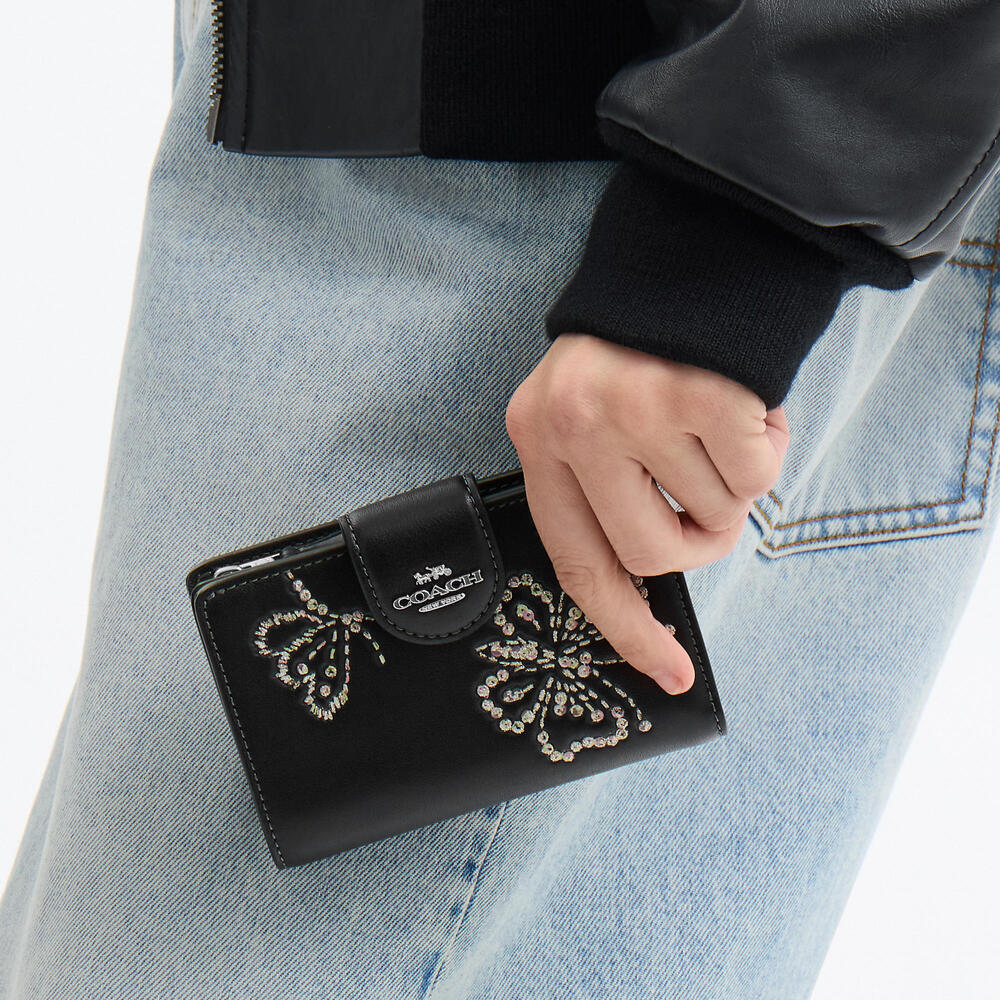 🖤🩶Coach NWT Medium Corner Zip Wallet With Silver‎ Sparkling Butterfly Print - Picture 3 of 8